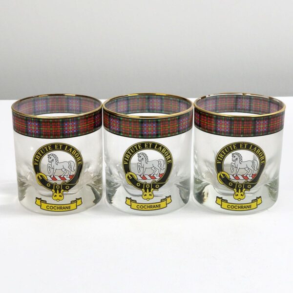 Three Cameron Clan Crest Tartan Whisky Glasses.
