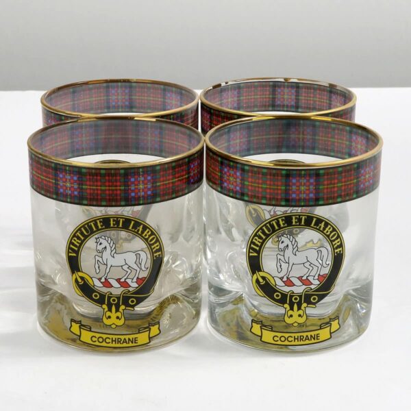 A set of four Cameron Clan Crest tartan whisky glasses. (Product Name: Cameron Clan Crest Tartan Whisky Glasses - Set of 3-sold 6/23)