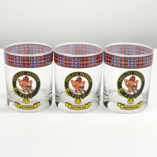 Three Thomson Clan Crest Tartan whisky glasses.