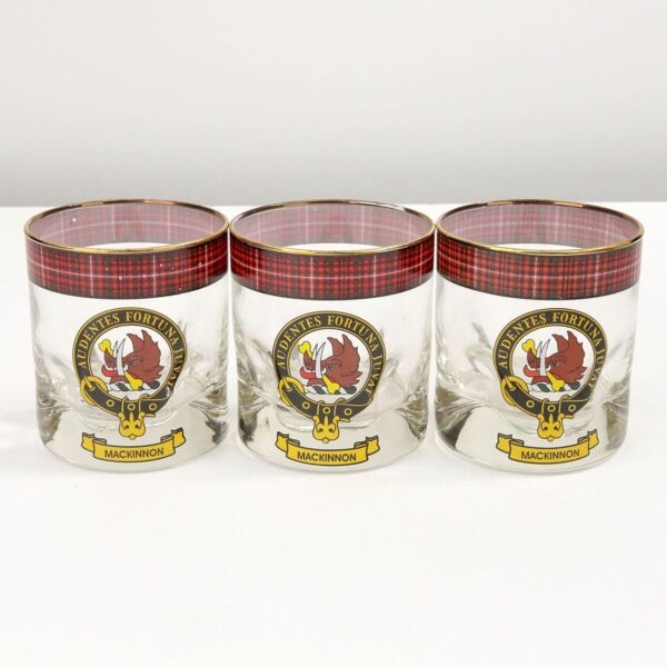 Three MacIntyre Clan Crest Tartan Whisky Glasses - Set of 5 with a Scottish crest featuring the MacIntyre Clan Tartan.