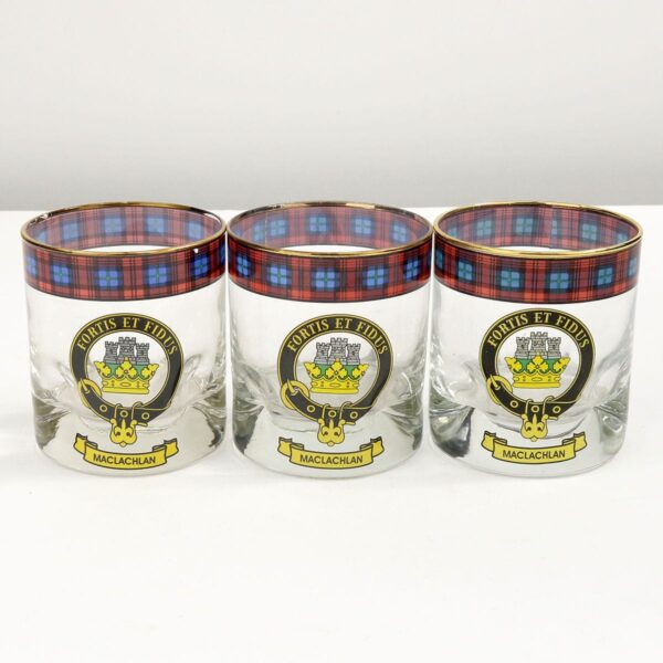 Three MacIntyre Clan Crest Tartan Whisky Glasses - Set of 5 adorned with MacIntyre Clan Crest tartan designs.