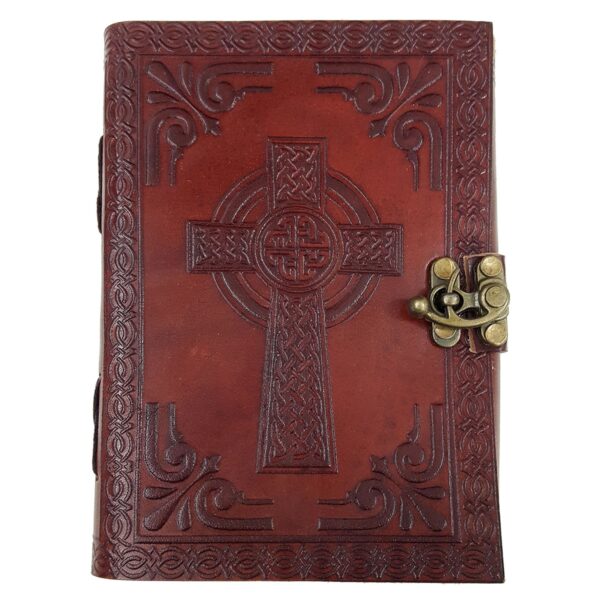 A Leather-Bound Celtic Cross Journal adorned with a celtic cross.