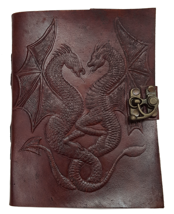 A brown leather journal with two dragons on it.