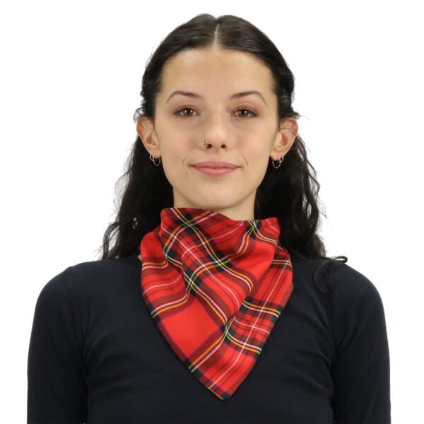 A woman sporting a stylish 100% cotton Tartan Bandana Masks - Cotton 80/20 scarf.