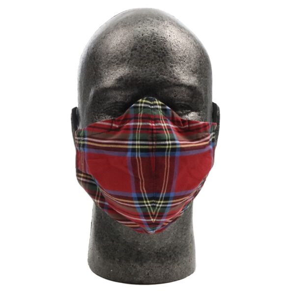 A mannequin donning a red Tartan Masks - Cotton made of cotton.