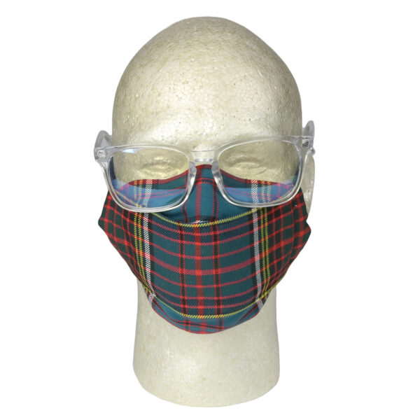 An Origami Tartan Masks - Cotton mannequin wearing glasses and a cotton plaid face mask.