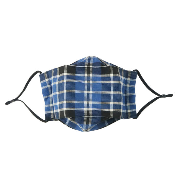 A blue and black Origami Outlander Tartan Mask - Wool Free on a white background.
