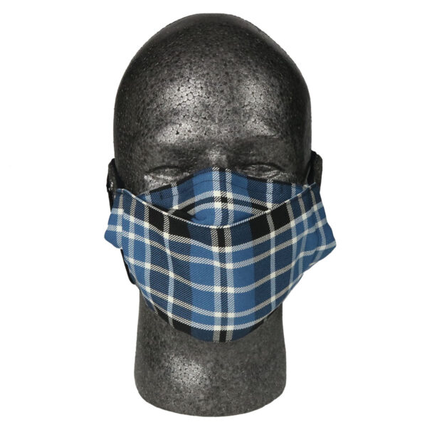A blue and black Origami Outlander Tartan Mask - Wool Free on a mannequin.