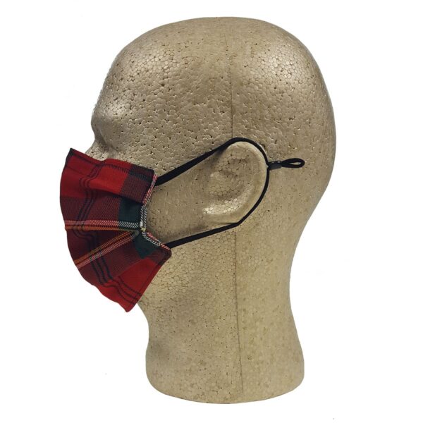 A mannequin wearing a red plaid face mask made of Tartan Masks - Wool Free.
