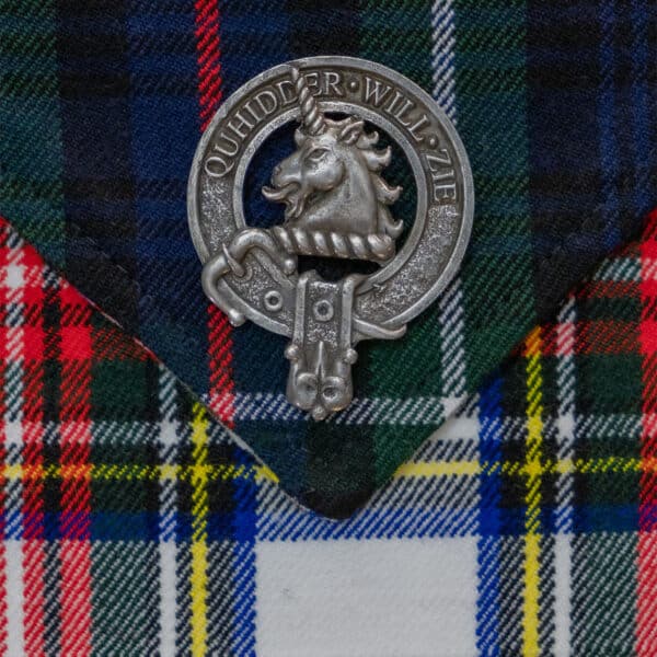 A scottish claddagh badge with a horse on it, made from the Reversible Tartan Table Runner - Homespun Wool Blend.