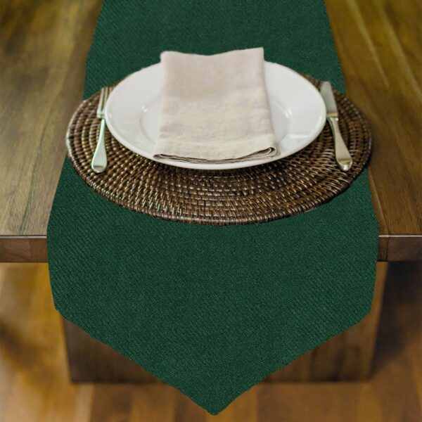 The Reversible Tartan Table Runner - Homespun Wool Blend adds a touch of homestyle charm to a wooden table.