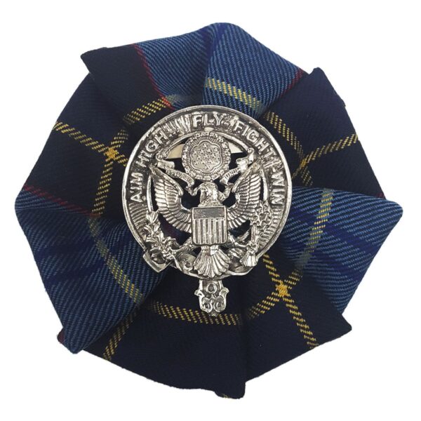 A blue US Air Force Tartan Rosette with an eagle on it, inspired by the air force.