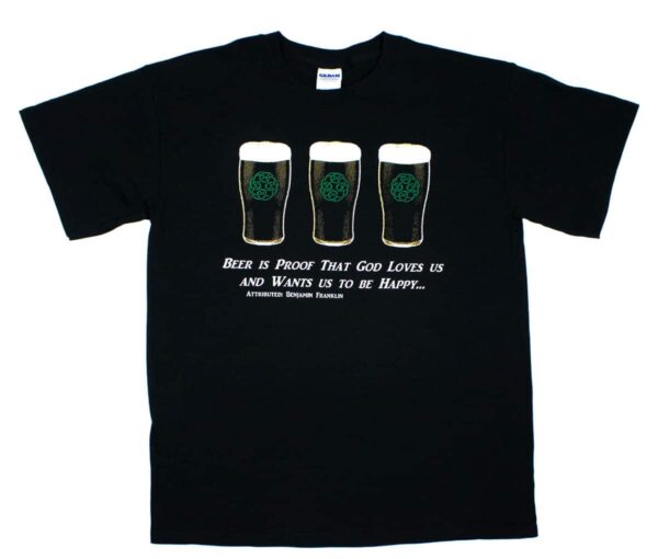 The Beer is Proof T-Shirt features a black t-shirt adorned with three pint glasses.