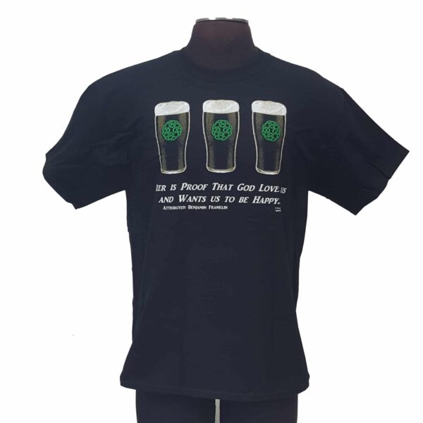 The Beer is Proof T-Shirt features a black t-shirt with three pint glasses printed on it.