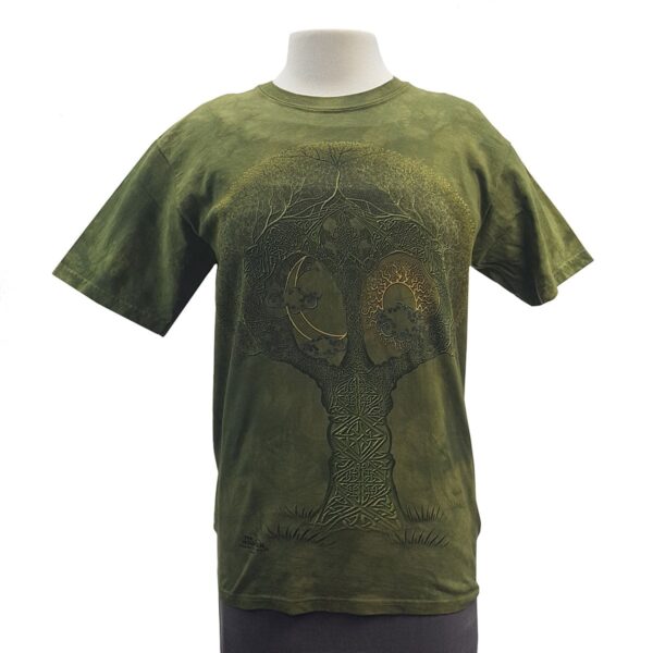 A [Celtic Roots T-shirt] featuring an image of a tree on a green background.