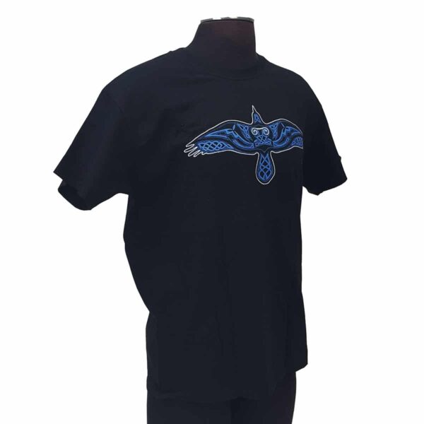 A Celtic Raven T-shirt-gone 7/23 with a blue bird on it.