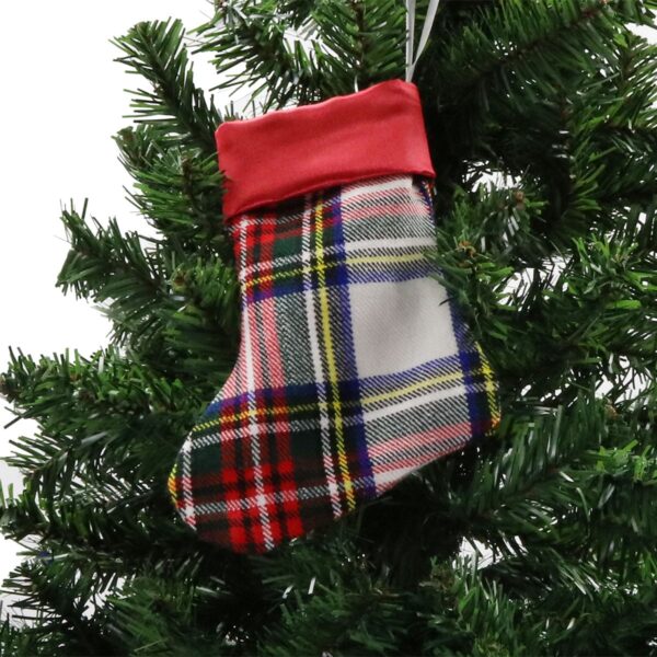 A plaid Tartan Stocking - Homespun Wool Blend hanging on a Christmas tree.