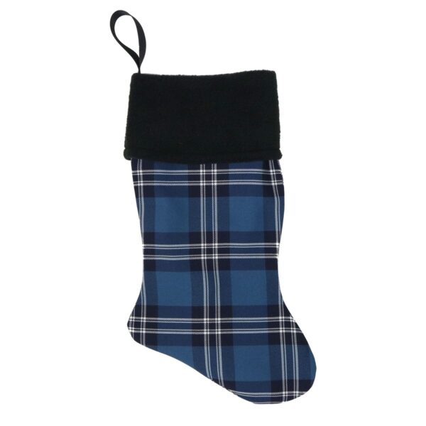 A blue and black Tartan Stocking - Poly/Viscose Wool Free on a white background.