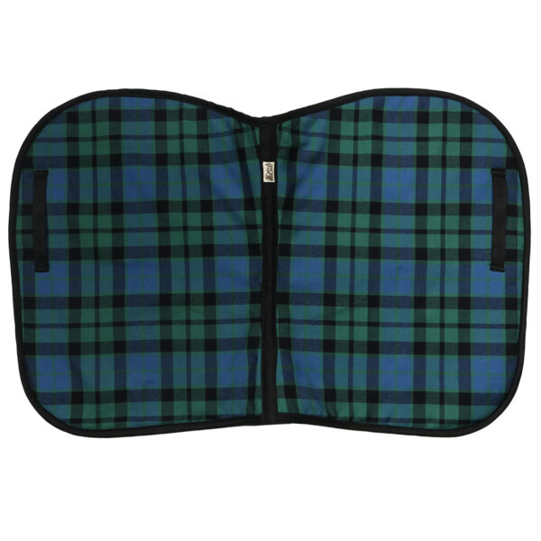A green English Style Saddle Pad - Heavy Weight Premium Scottish Wool-NLA bag with a zipper.