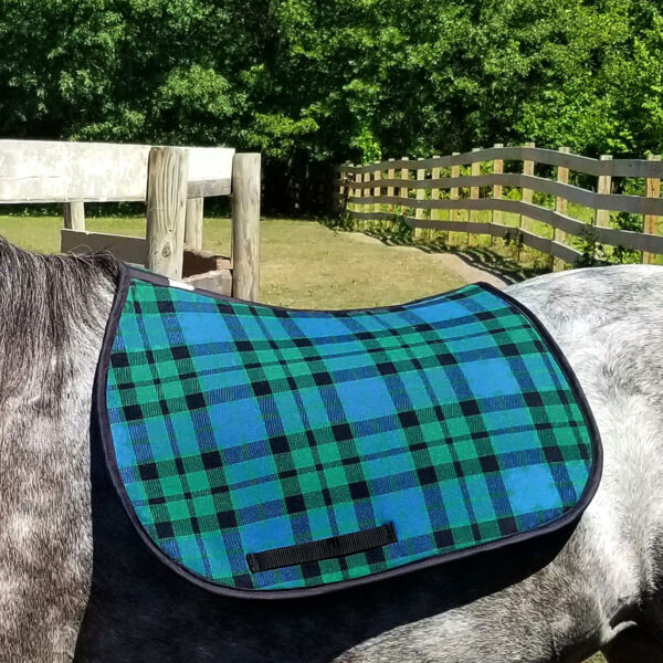A blue and green plaid English Style Saddle Pad - Heavy Weight Premium Scottish Wool-NLA, adorning a horse.