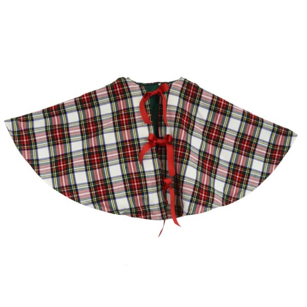 A Tartan Tree Skirt - Homespun Wool Blend cape with a red and white bow.