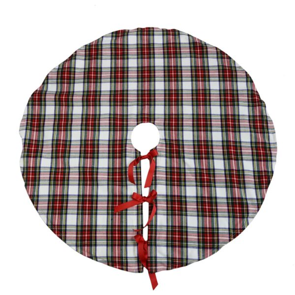 A Tartan Tree Skirt - Homespun Wool Blend adorned with a red ribbon.