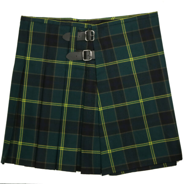 A green and yellow plaid kilt with buckles.