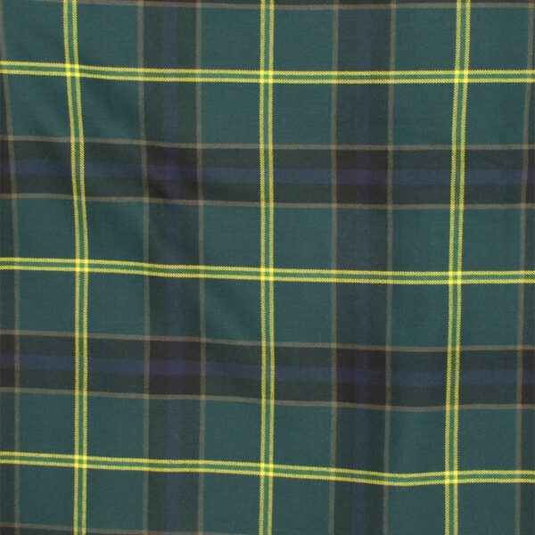 A close up of a green and yellow plaid fabric with US Army Medium Weight 13oz Premium Wool Phillabeg.