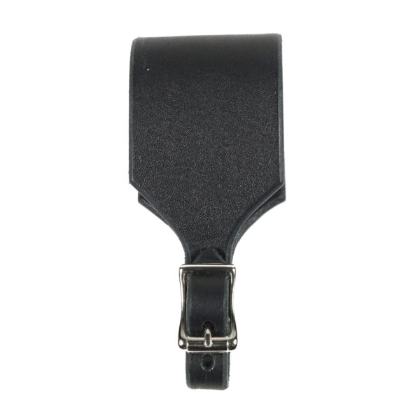 A high-quality black leather luggage tag with a metal buckle and a standard 2.25-inch size named Quality 2.25 inch Dirk Frog.
