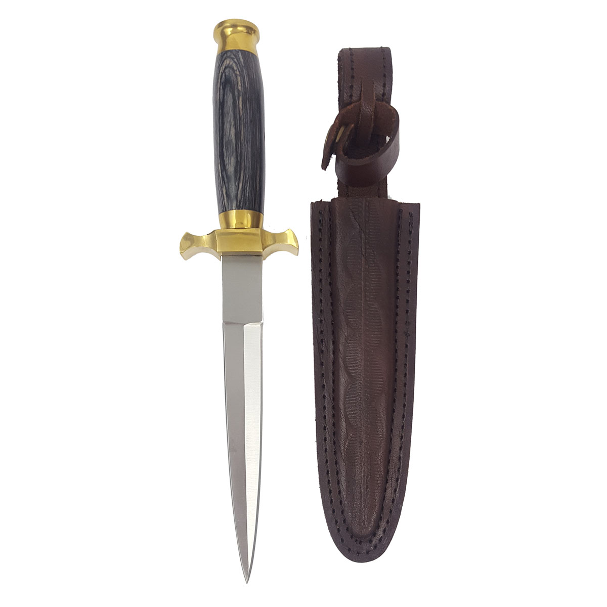 A 12 inch Renaissance Dagger with a leather sheath on a white background.