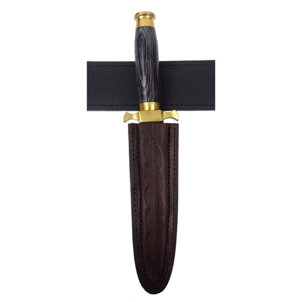 A 12 inch Renaissance dagger with a leather sheath on a white background.