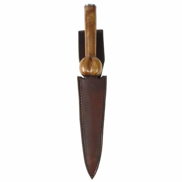 A Bollock Dagger-sold 2020 with a wooden handle on a white background.