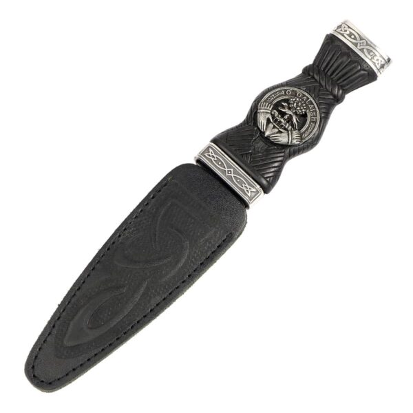 A black knife with the Irish Coat of Arms Sgian Brew design on it.