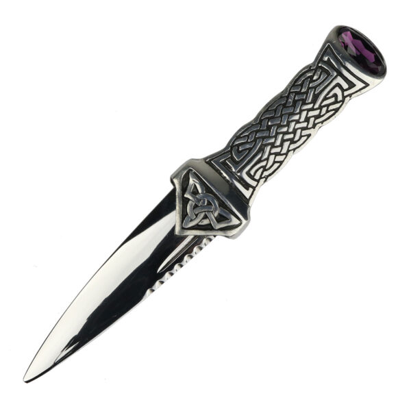 A Pewter Celtic Knot Sgian Dubh with a purple stone on it.