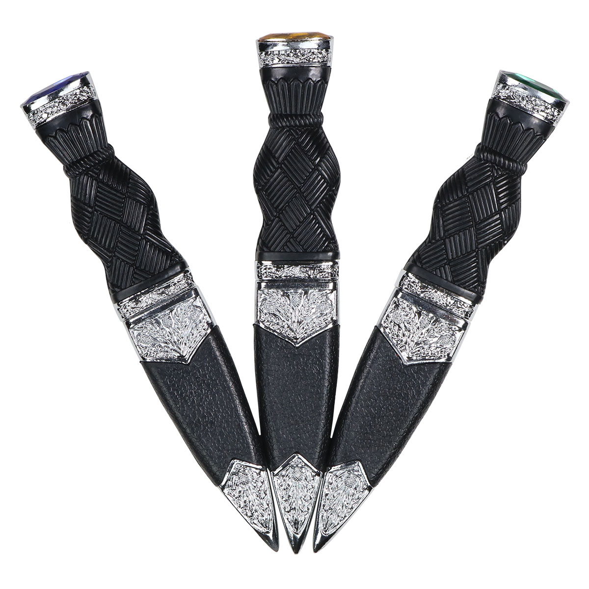 Three black and white Traditional Sgian Dubh knives, featuring diamonds, with a standard sgian dubh design.