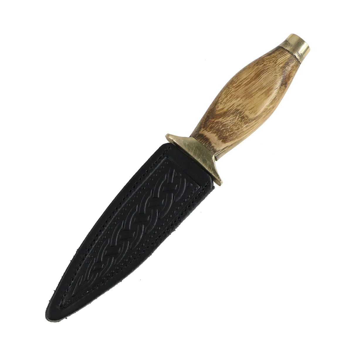 A Rustic Wood Handled Sgian Dubh - Black Sheath knife on a white background.
