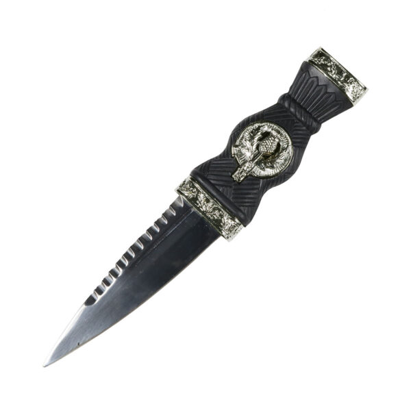 A black and silver Thistle Sgian Dubh Chrome Top with a Scottish crest on it.