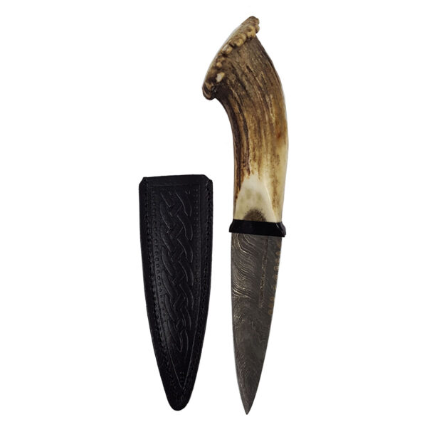 A Stag Crown Horn Sgian Dubh - Damascus Blade featuring stag horn handles, accompanied by a leather sheath.