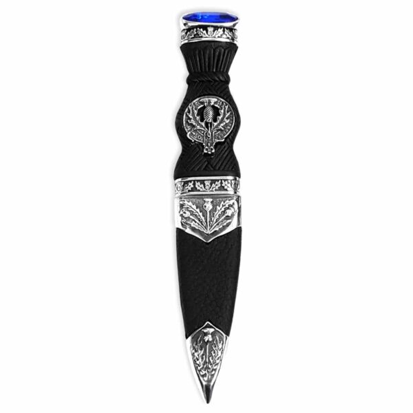 A black and silver Pewter Thistle Clan Crest Sgian Dubh with a blue stone featuring a thistle clan crest.