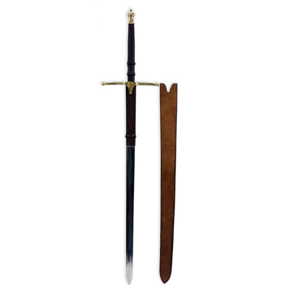 52 Inch Wallace Claymore, showcased with a leather sheath on a white background.
