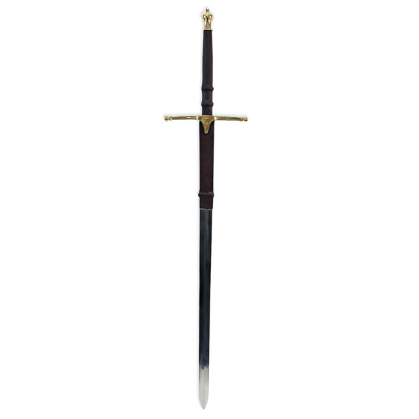 A 52 Inch Wallace claymore with a wooden handle on a white background.