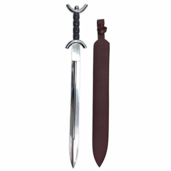 A 31 Inch Celtic Sword with a leather sheath on a white background.