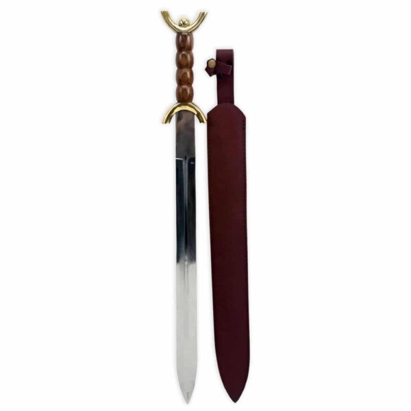 A 31 Inch Celtic Sword with a wooden handle on a white background.