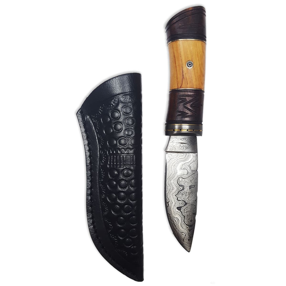 A Damascus Sgian Achlais with Rosewood and Olivewood Grip and a leather sheath.