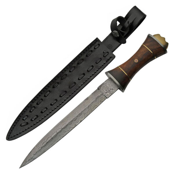 A Damascus Steel Dirk with Brass Crown with a wooden handle on a white background.