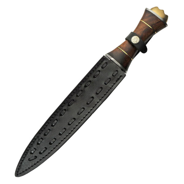 A Damascus Steel Dirk with Brass Crown and a wooden handle on a white background.