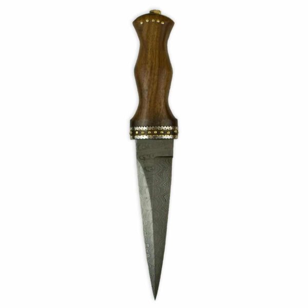 A Damascus Dirk with an ornate rosewood handle on a white background.