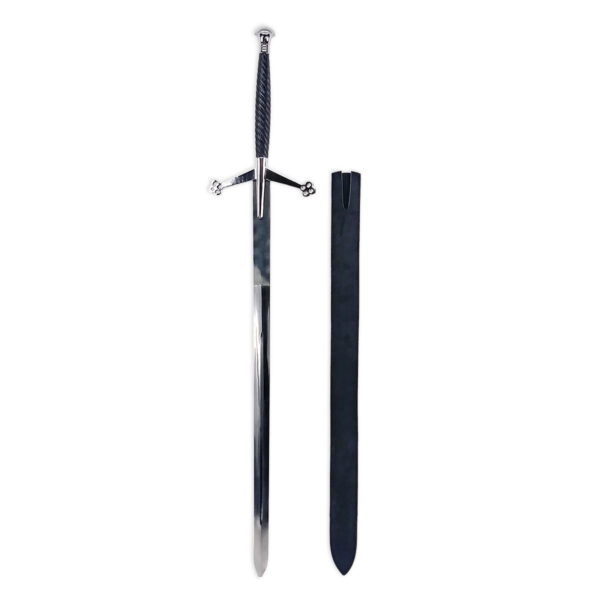 A 52 Inch Black Wood-Handled Claymore - Old Display from a game of thrones on a white background.