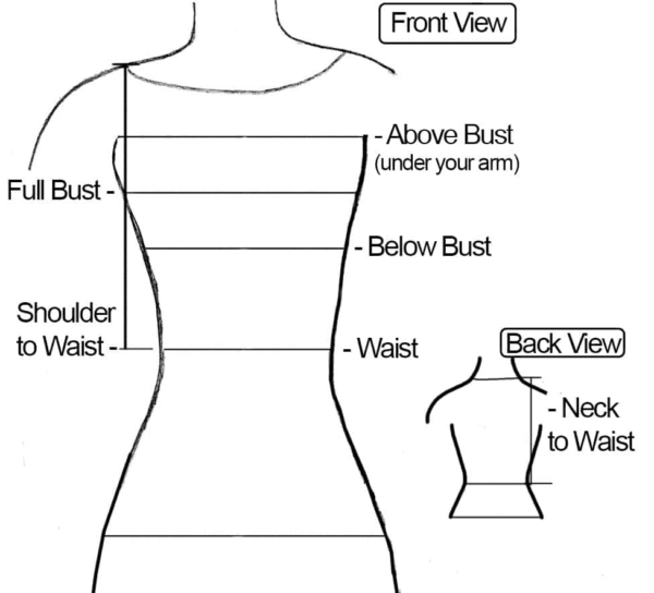 A diagram displaying the measurements of a woman's dress, with focus on the Outlander Poly/Viscose Bodice.