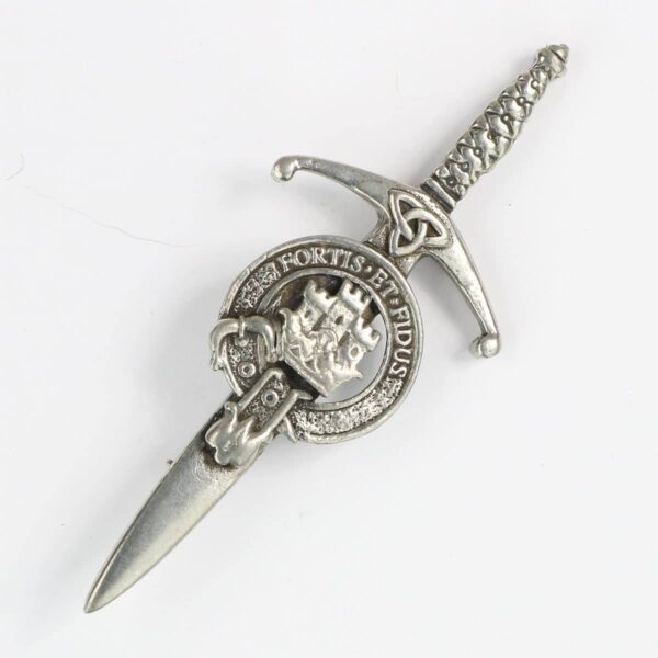 A silver sword with a crest and Hay Modern Light Weight Premium Wool Tartan Flashes on it.